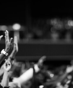 Black and white image of audience with hands raised, capturing concert energy.